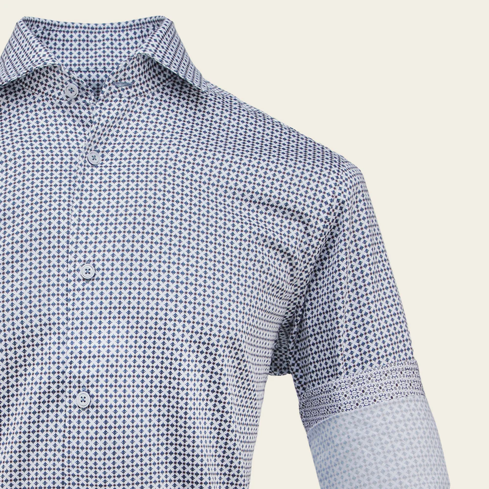 Cuadra Men’s White Geometric Cotton Shirt with Blue Pattern