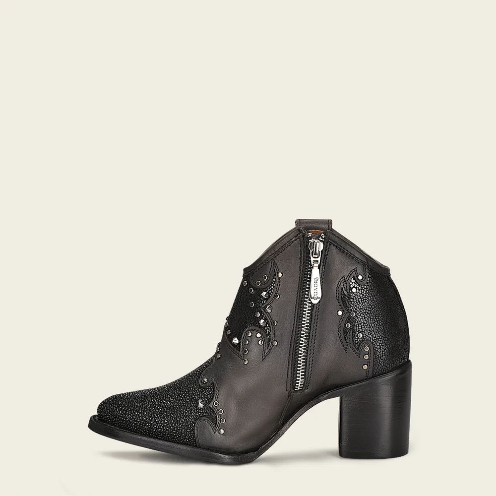 Luxury Women’s Ankle Boot in Stingray and Calf Leather with Metal Accents