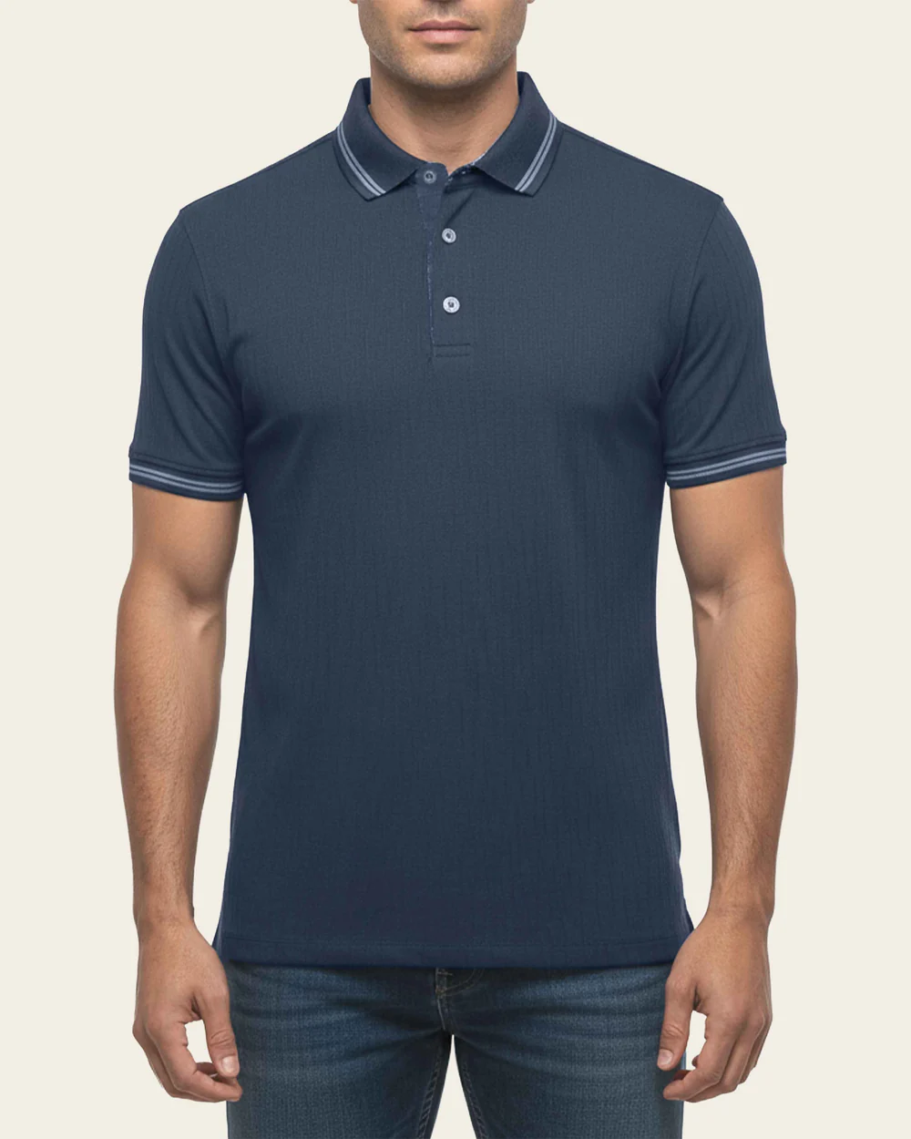 Men’s Navy Polo Shirt in Cotton Blend with Contrast Buttons 6 Men’s Navy Polo Shirt in Cotton Blend with Contrast Buttons