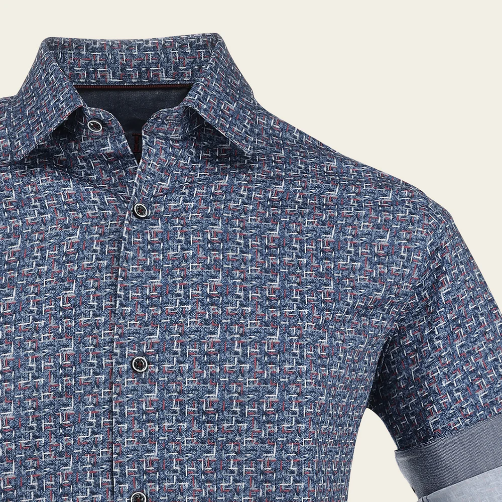 Indigo Geometric Print – Crafted Cotton Shirt Long Sleeves