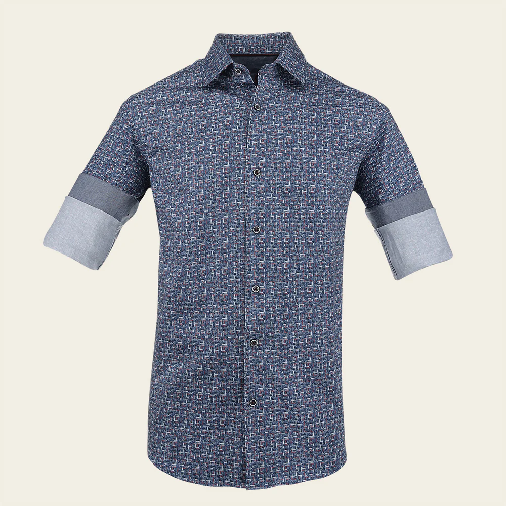 Indigo Geometric Print – Crafted Cotton Shirt Long Sleeves