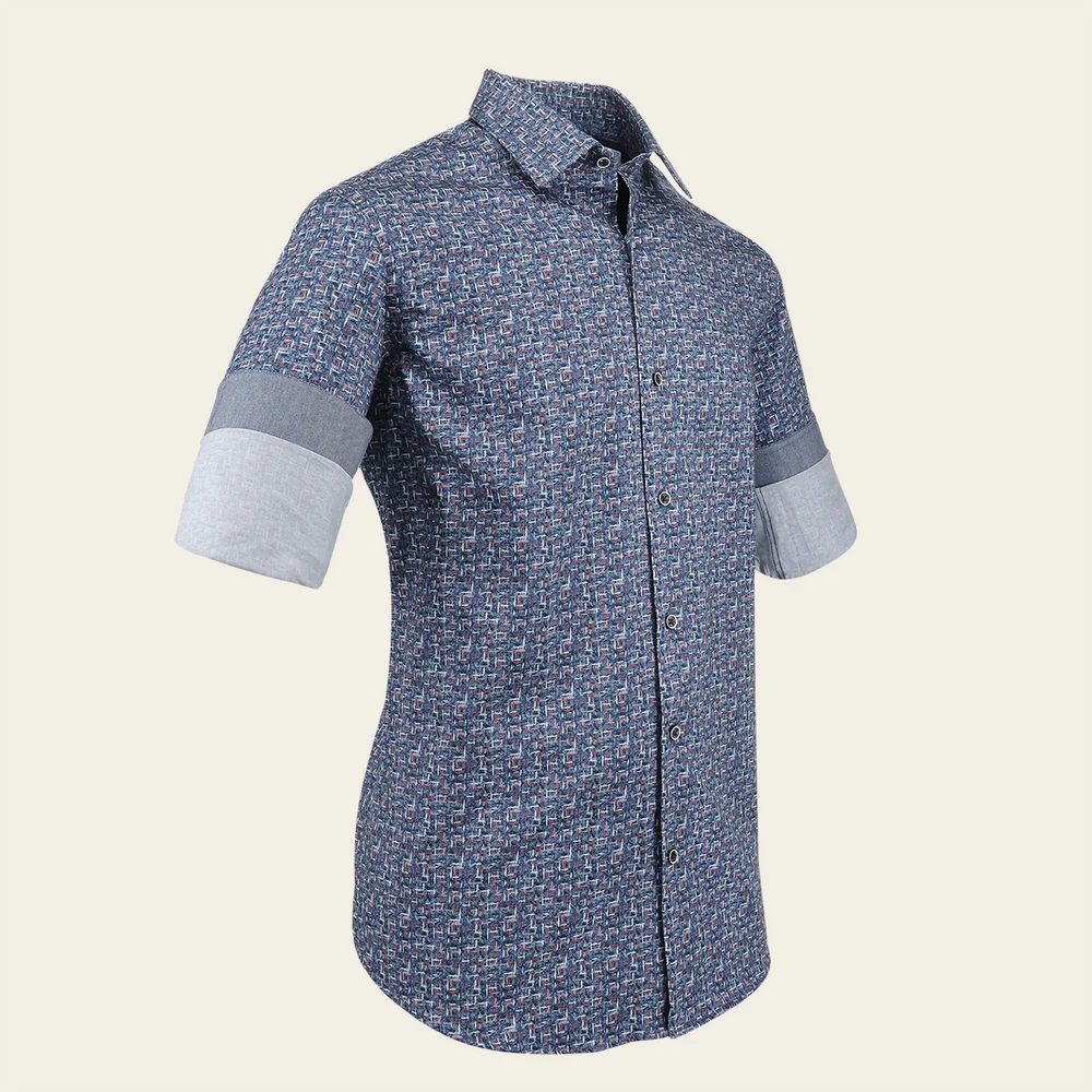 Indigo Geometric Print – Crafted Cotton Shirt Long Sleeves