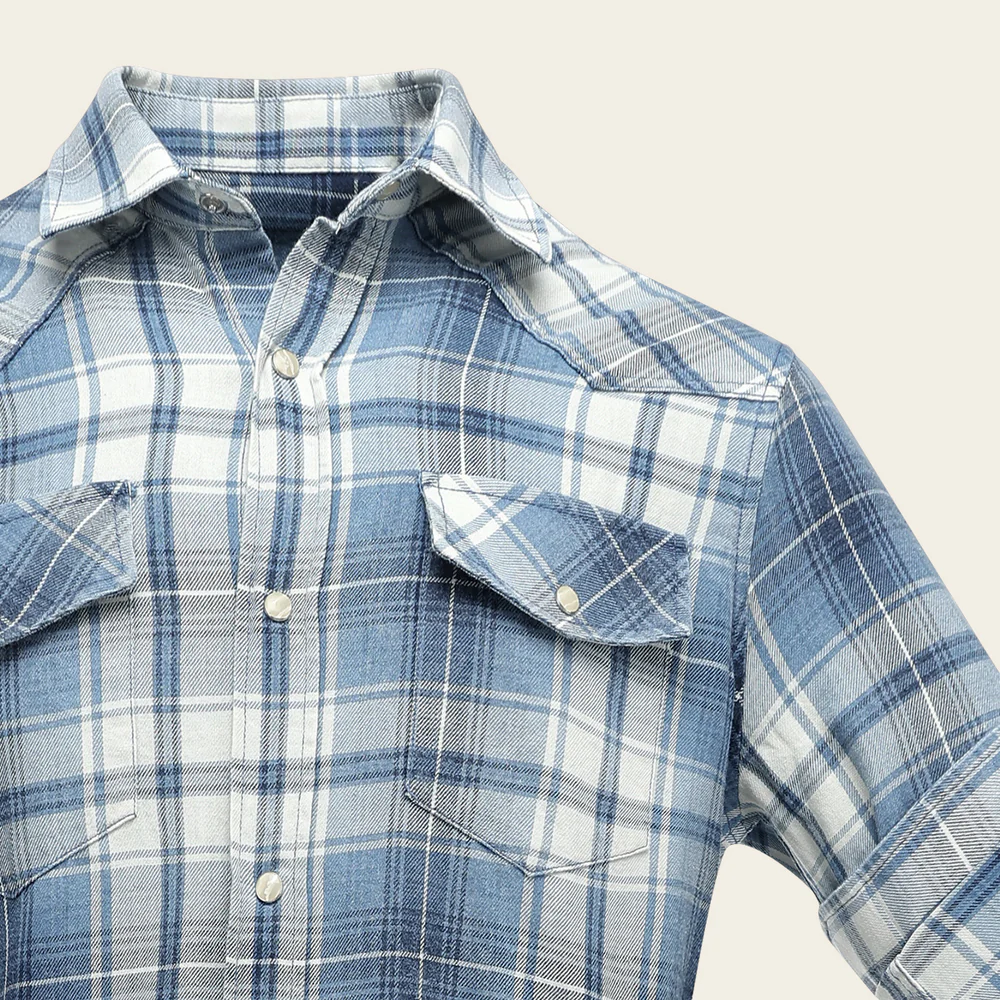 Men’s Long Sleeve Shirt with Indigo Checked Pattern in Cotton