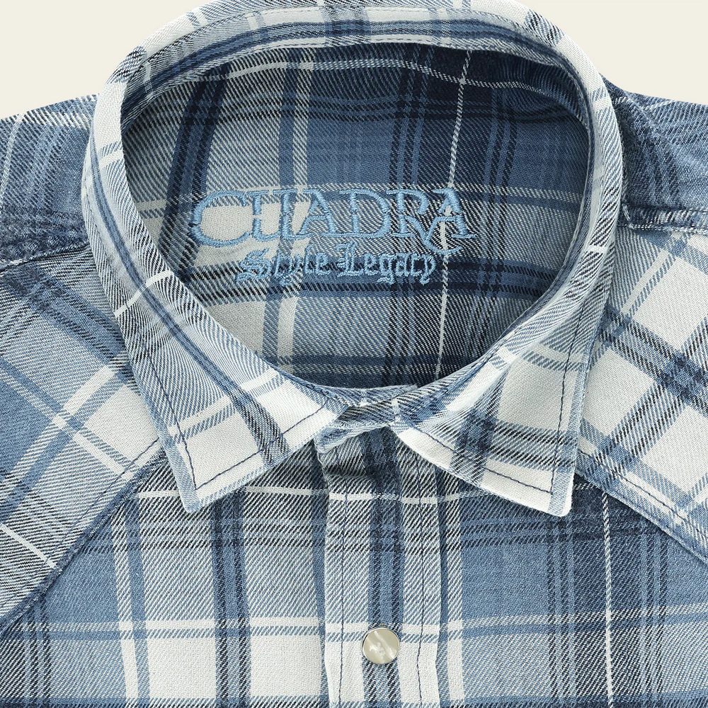 Men’s Long Sleeve Shirt with Indigo Checked Pattern in Cotton