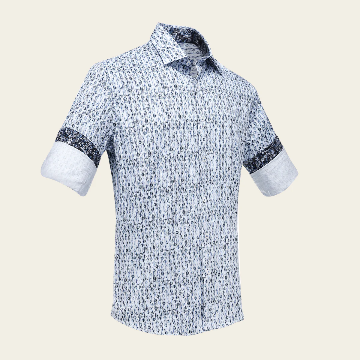 Men’s Long Sleeve Shirt with Blue Paisley Accent Pattern in Cotton