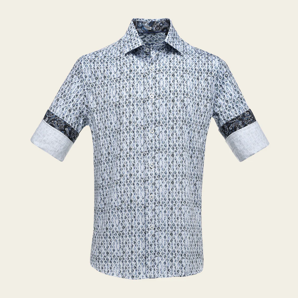 Men’s Long Sleeve Shirt with Blue Paisley Accent Pattern in Cotton