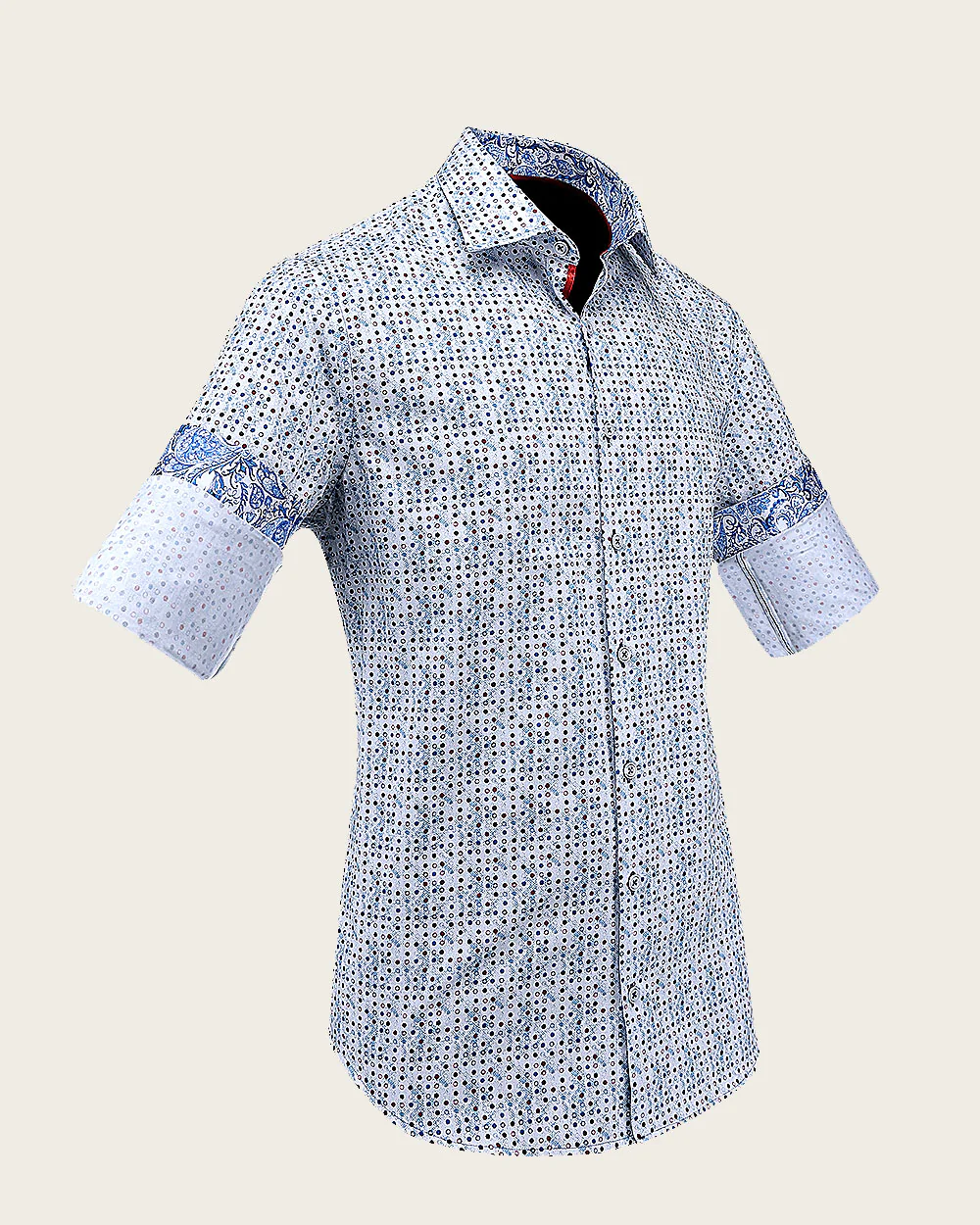 White Cotton Shirt with Blue Dot Pattern