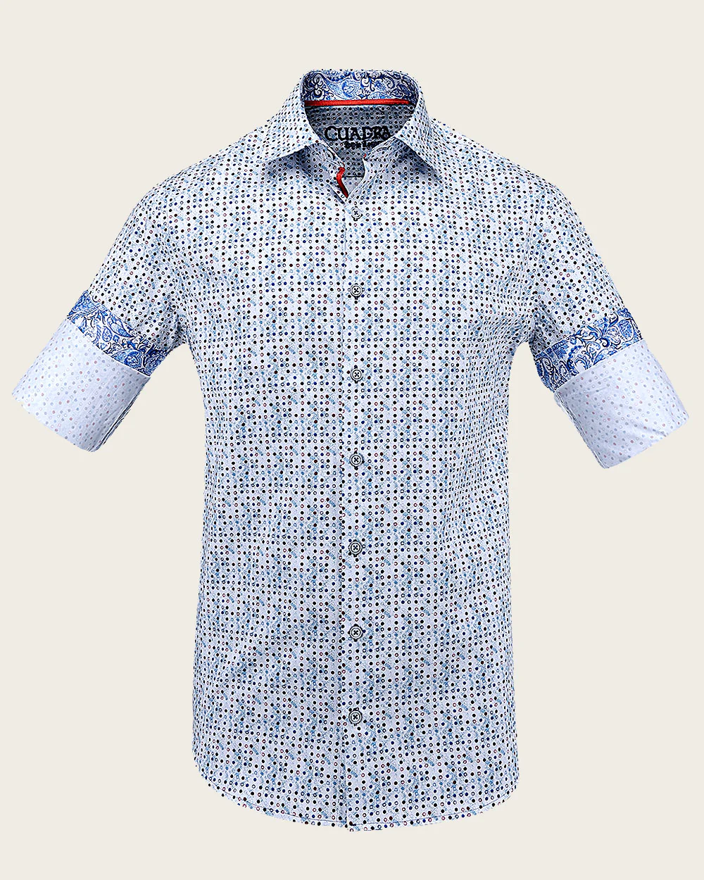 White Cotton Shirt with Blue Dot Pattern