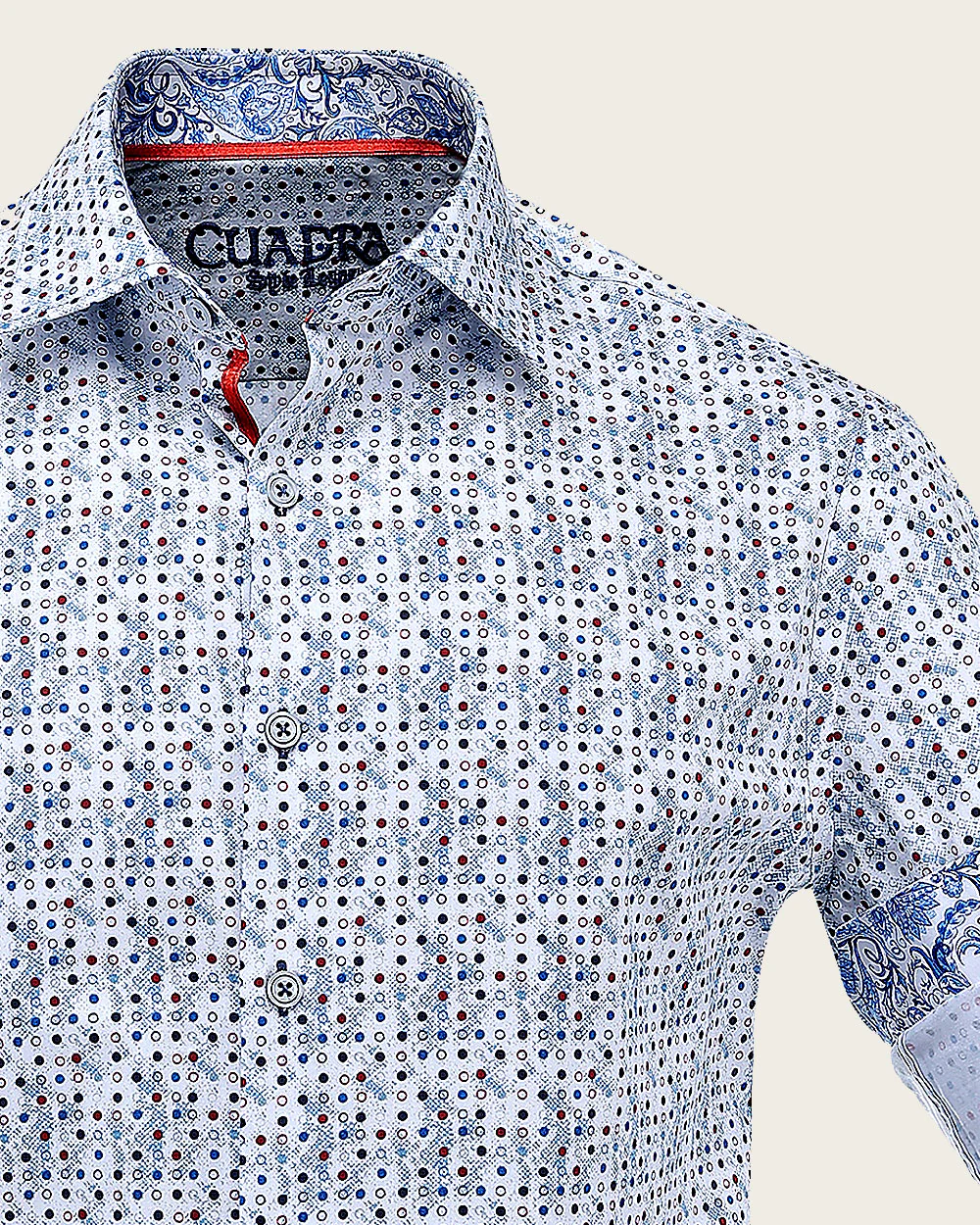 White Cotton Shirt with Blue Dot Pattern