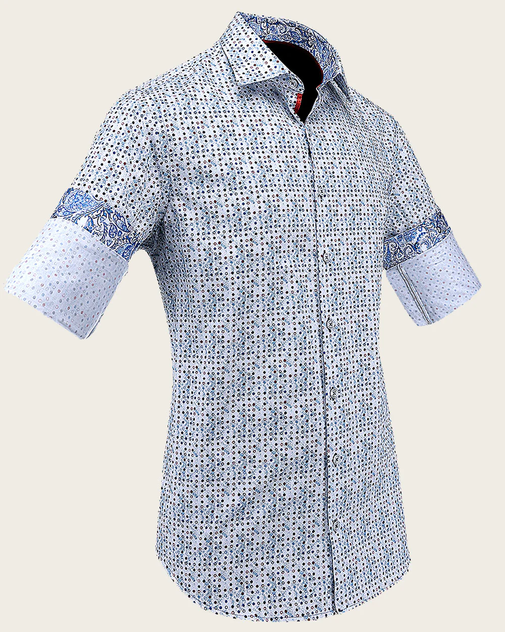 White Cotton Shirt with Blue Dot Pattern
