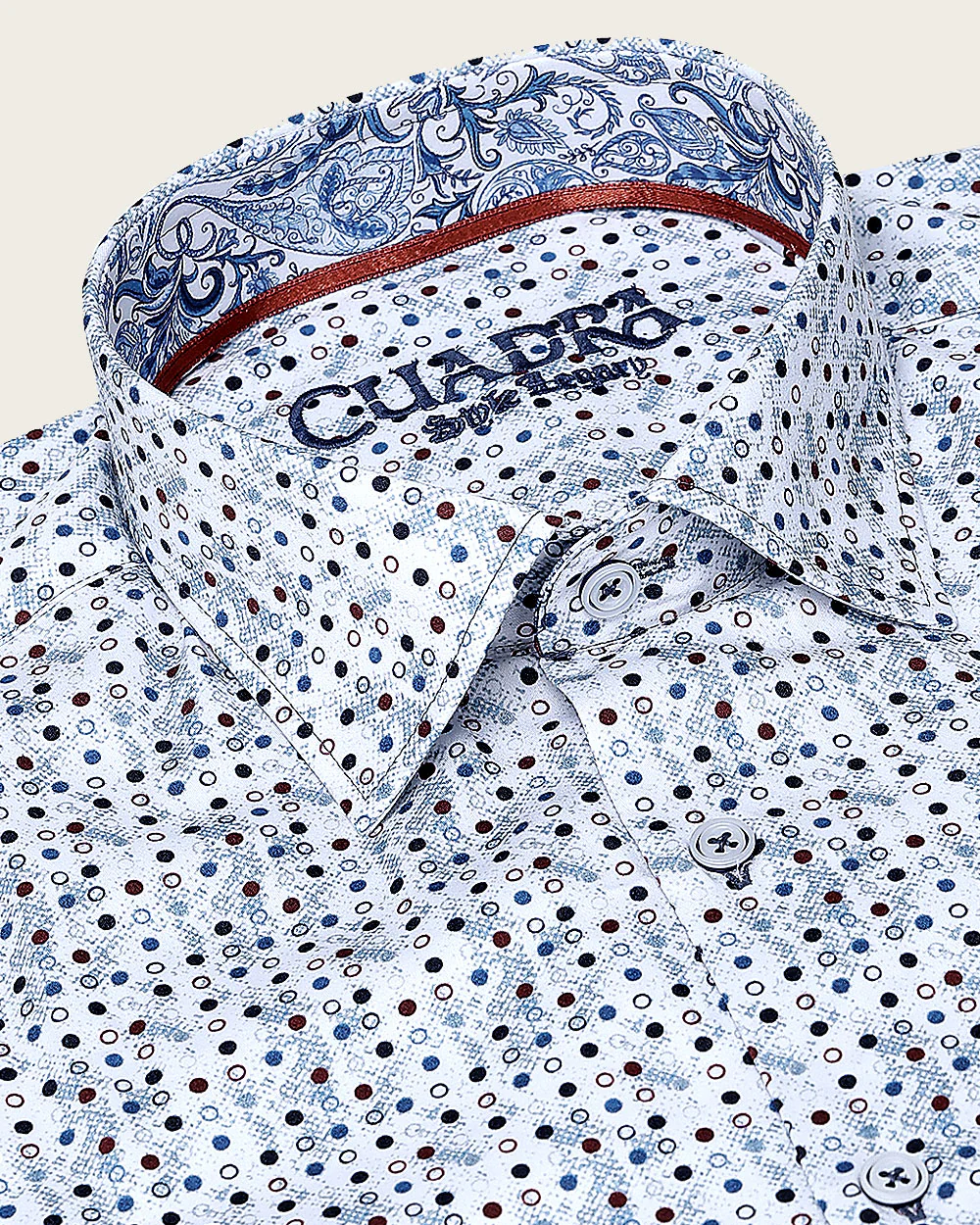 White Cotton Shirt with Blue Dot Pattern