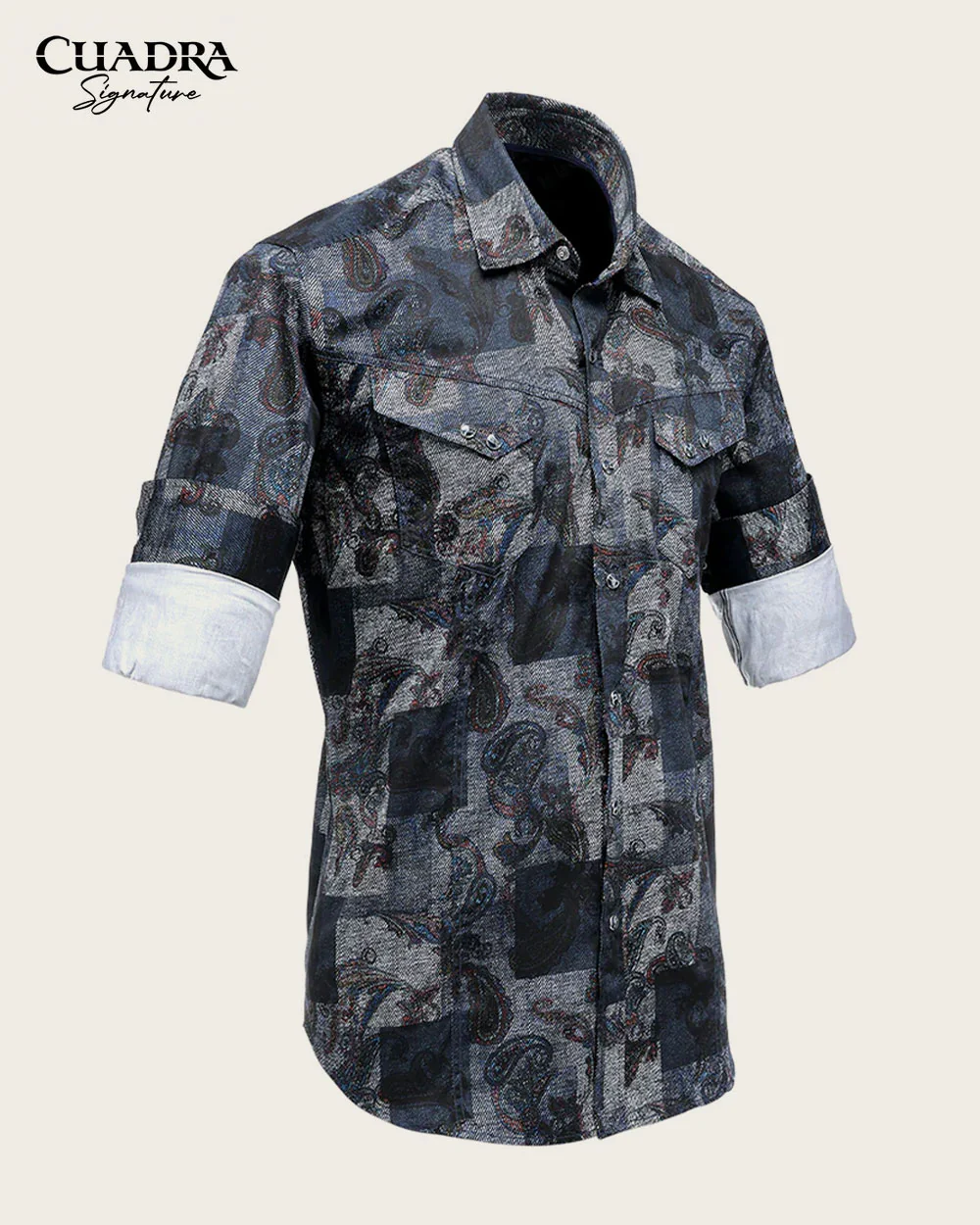 Men’s Long Sleeve Casual Shirt in Dark Multicolor Print 100% Cotton