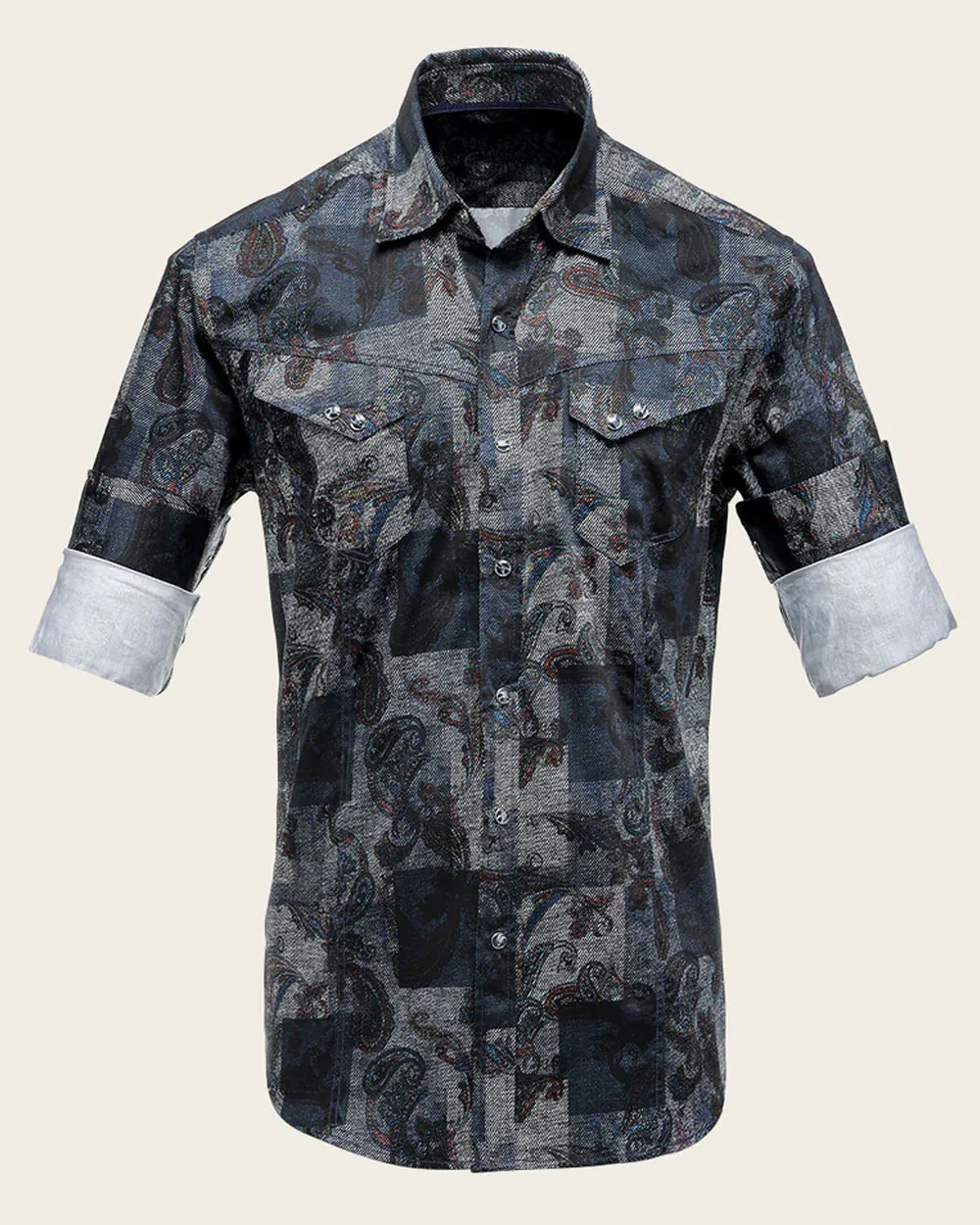 Men’s Long Sleeve Casual Shirt in Dark Multicolor Print 100% Cotton