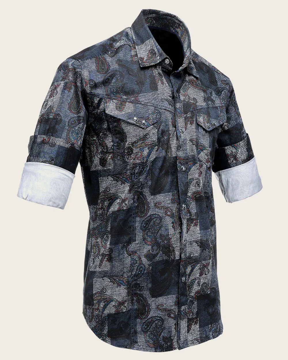 Men’s Long Sleeve Casual Shirt in Dark Multicolor Print 100% Cotton