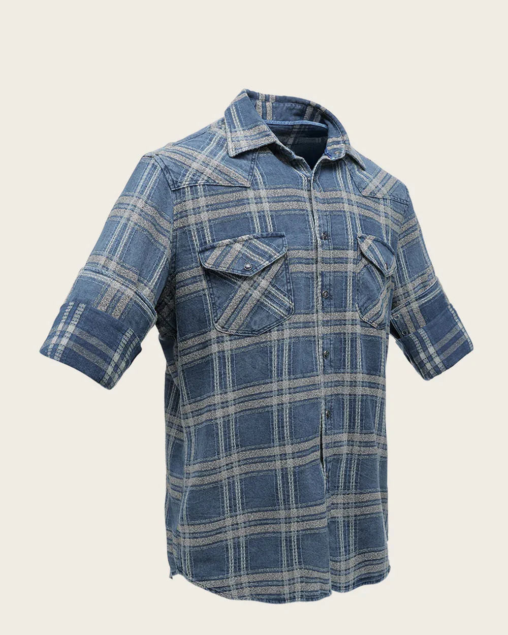 Casual Men’s Blue and Beige Checkered Long Sleeve Shirt in 100% Cotton