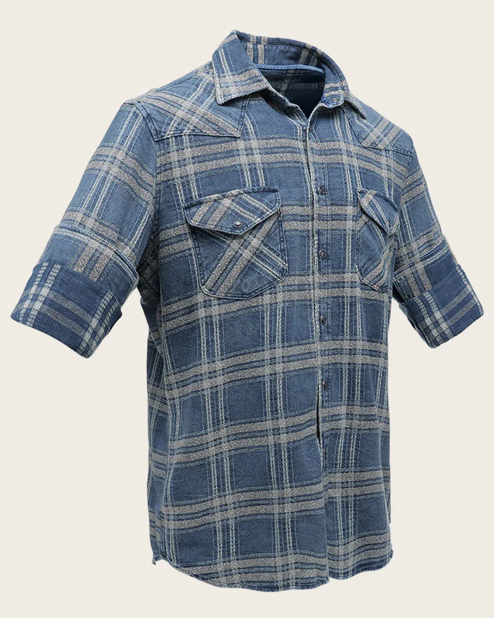 Casual Men’s Blue and Beige Checkered Long Sleeve Shirt in 100% Cotton