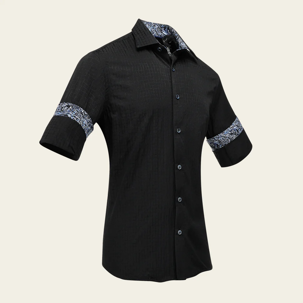 Black Men’s Long Sleeve Cotton Shirt in Caiman Texture