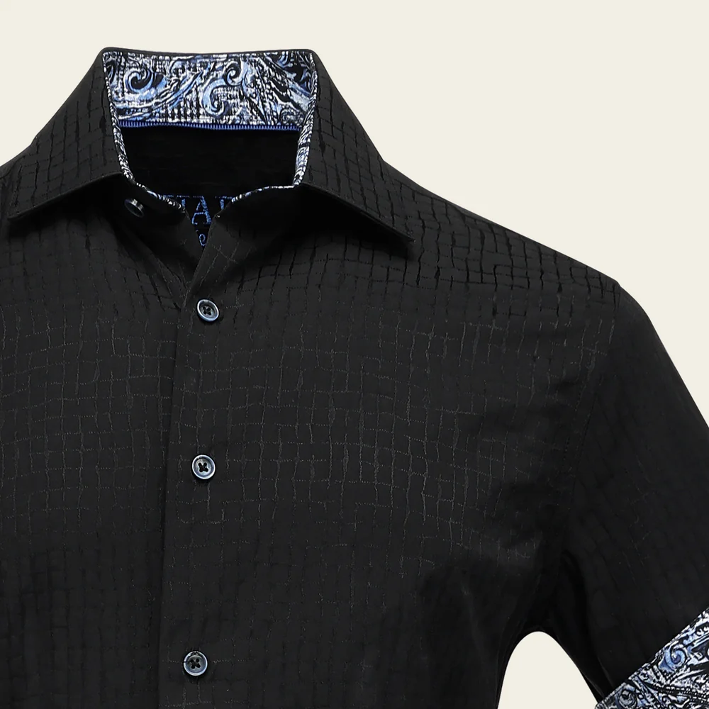 Black Men’s Long Sleeve Cotton Shirt in Caiman Texture