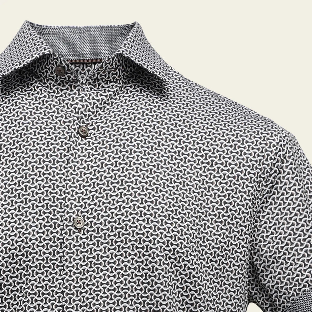 Men’s Long Sleeve Cotton Dress Shirt with Brown Geometric Ogee Pattern