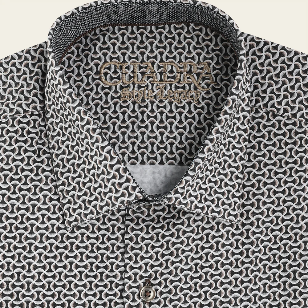 Men’s Long Sleeve Cotton Dress Shirt with Brown Geometric Ogee Pattern