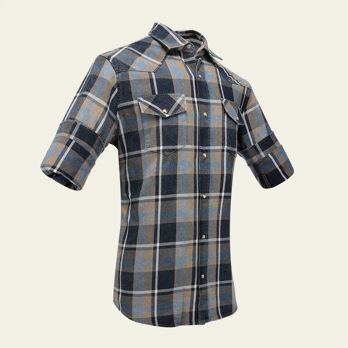 Men’s Long Sleeve Shirt with Brown Checked Pattern in Cotton