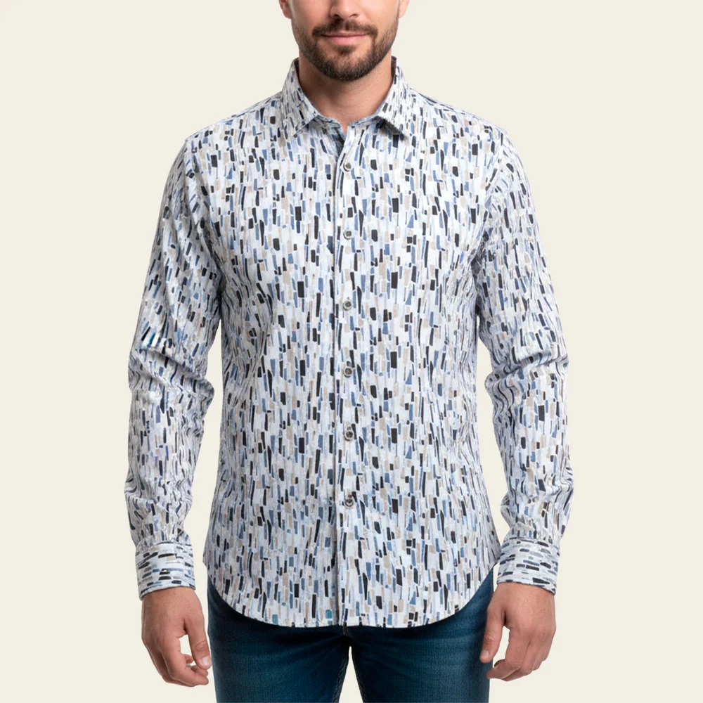 Cotton Men’s Light Blue Geometric Motif Long Sleeve Shirt