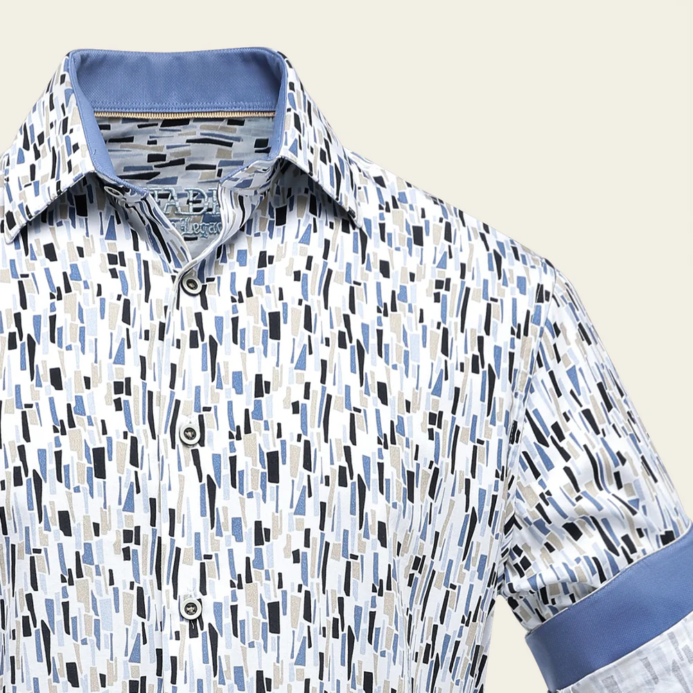 Cotton Men’s Light Blue Geometric Motif Long Sleeve Shirt