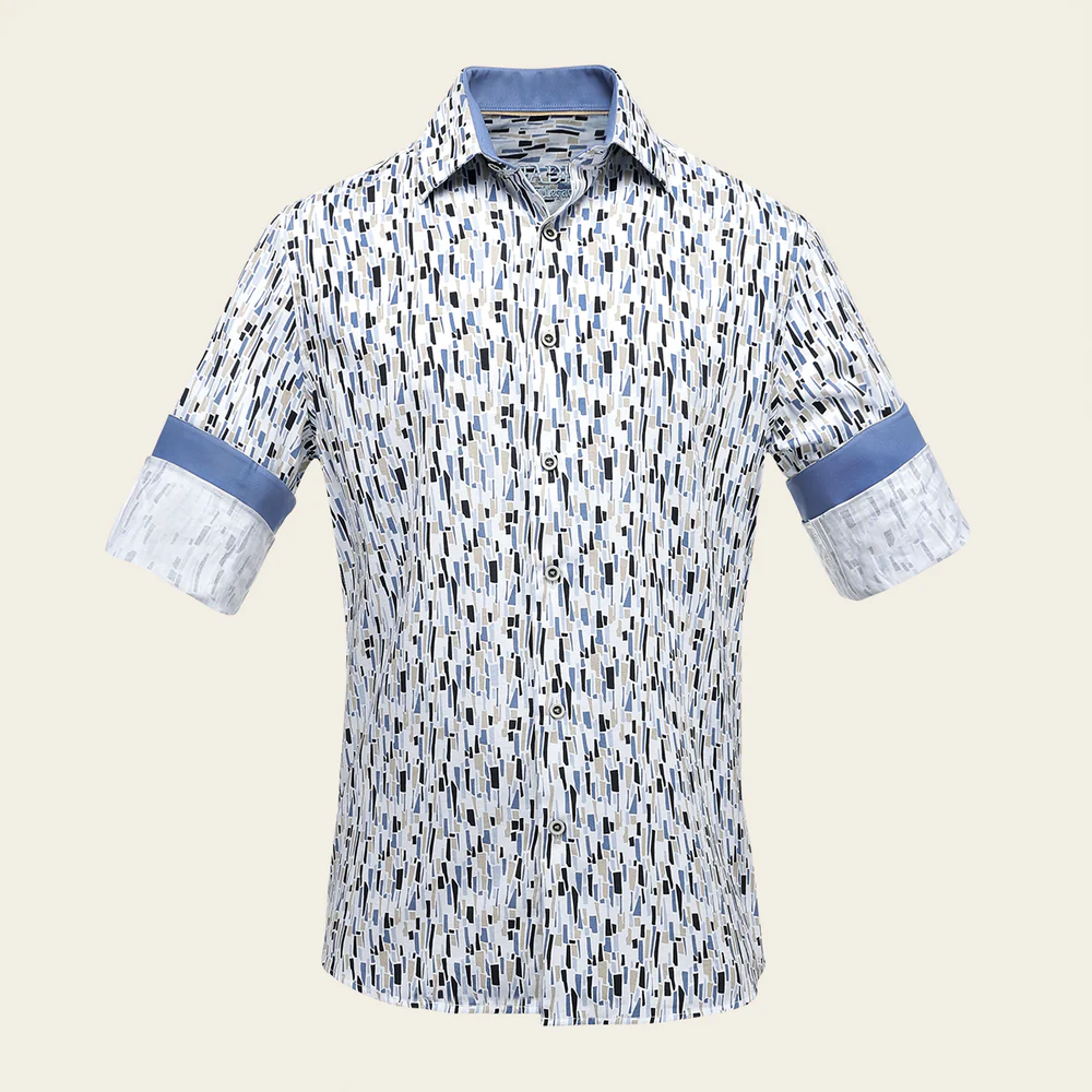 Cotton Men’s Light Blue Geometric Motif Long Sleeve Shirt