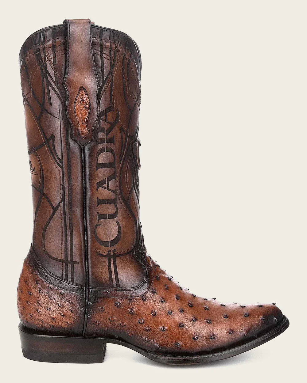 Engraved Brown Ostrich Western Boots. 15 Engraved Brown Ostrich Western Boots.