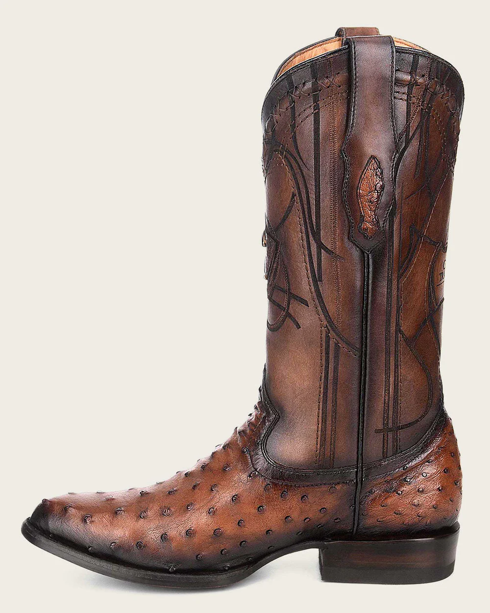 Engraved Brown Ostrich Western Boots. 5 Engraved Brown Ostrich Western Boots.