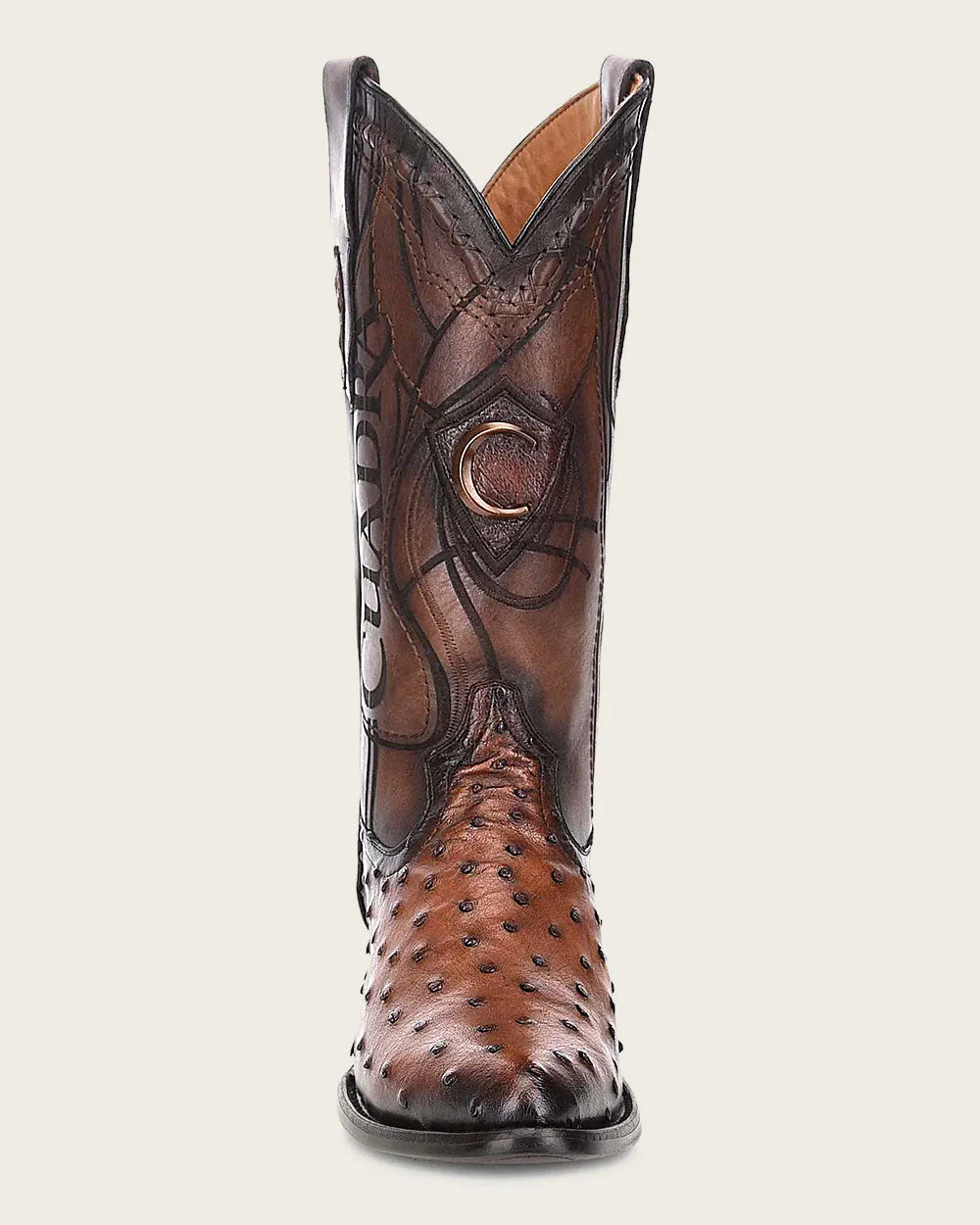 Engraved Brown Ostrich Western Boots. 6 Engraved Brown Ostrich Western Boots.