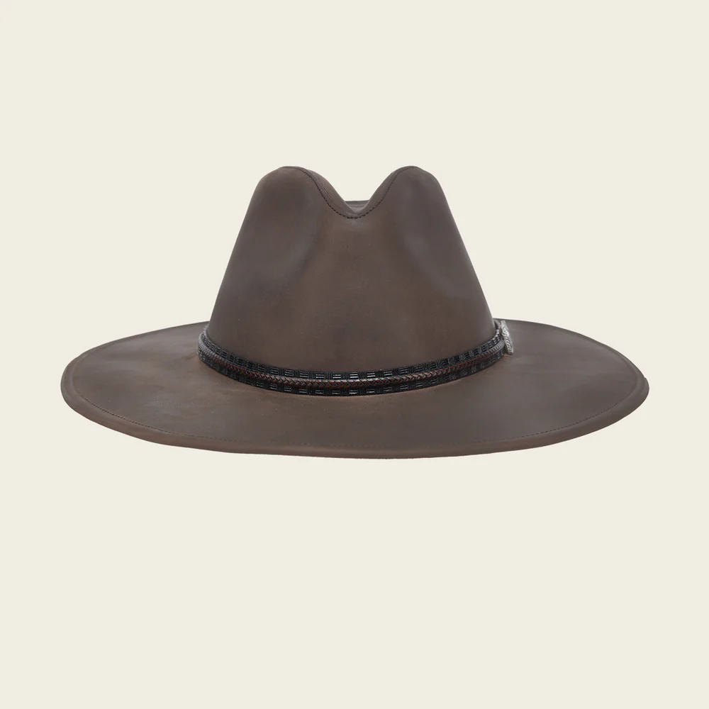 Brown Handcrafted Genuine Bovine Leather Dexter Hat with Engraved Band