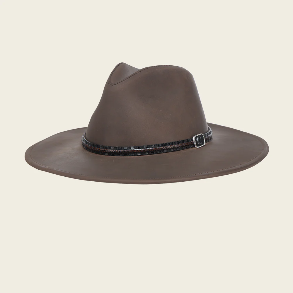 Brown Handcrafted Genuine Bovine Leather Dexter Hat with Engraved Band