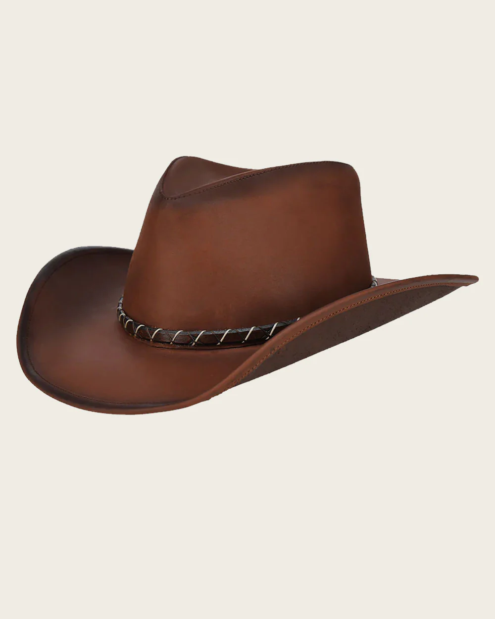 Brown Handcrafted Genuine Bovine Leather Hat with Engraved Band