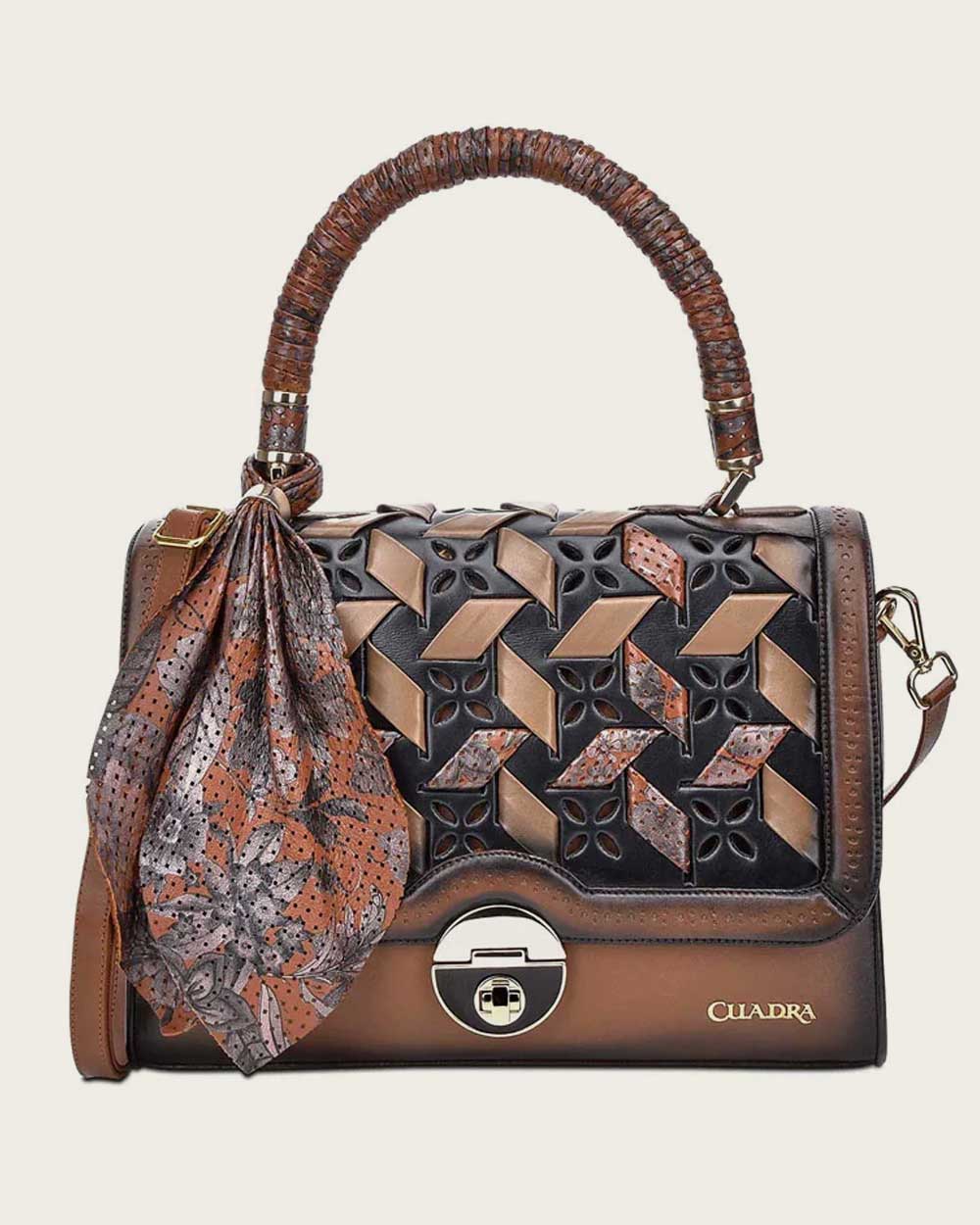 Brown Printed Top Handle Handbag