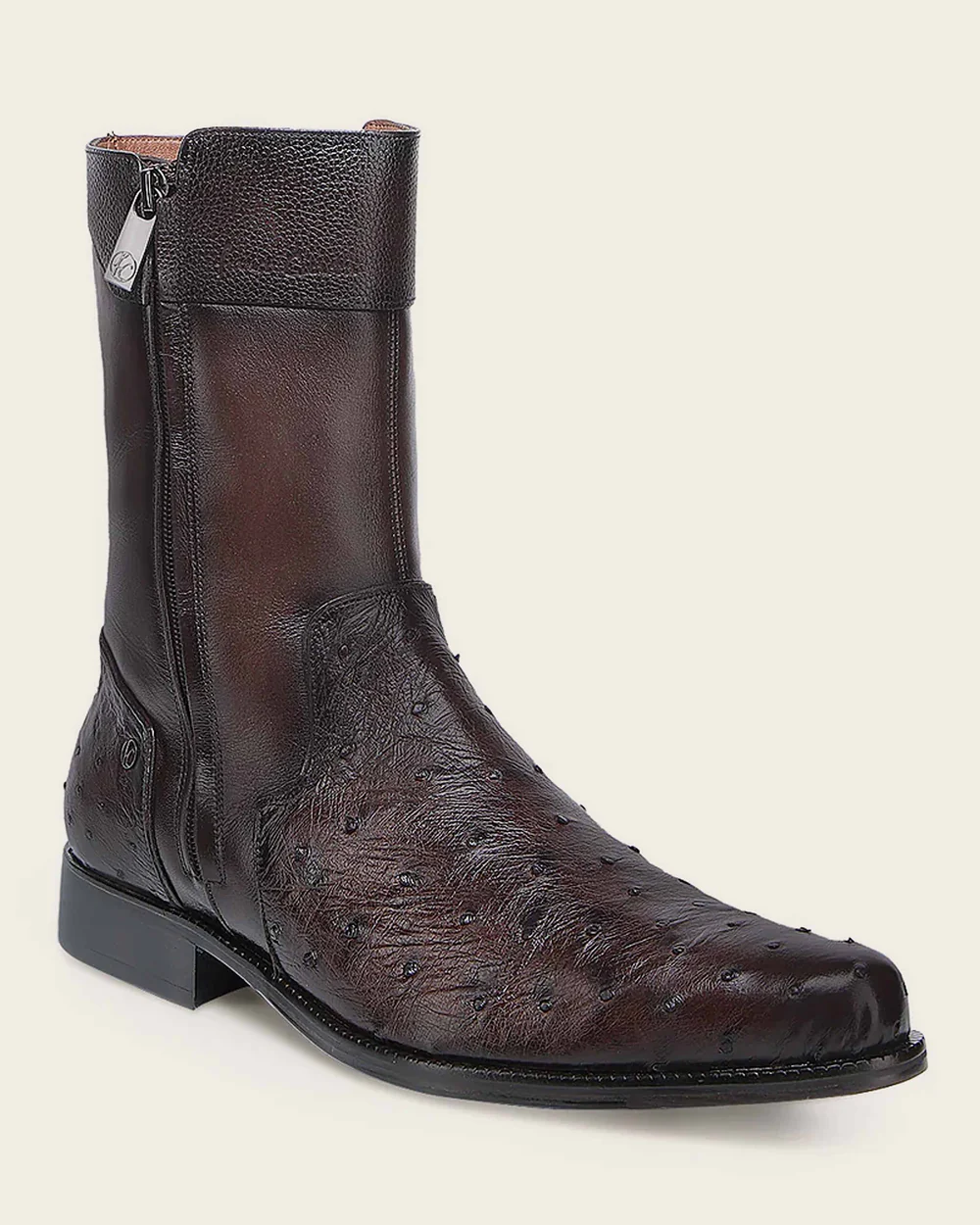 Hand-Shaded Brown Men’s Dress Boot in Genuine Ostrich and Bovine Leather