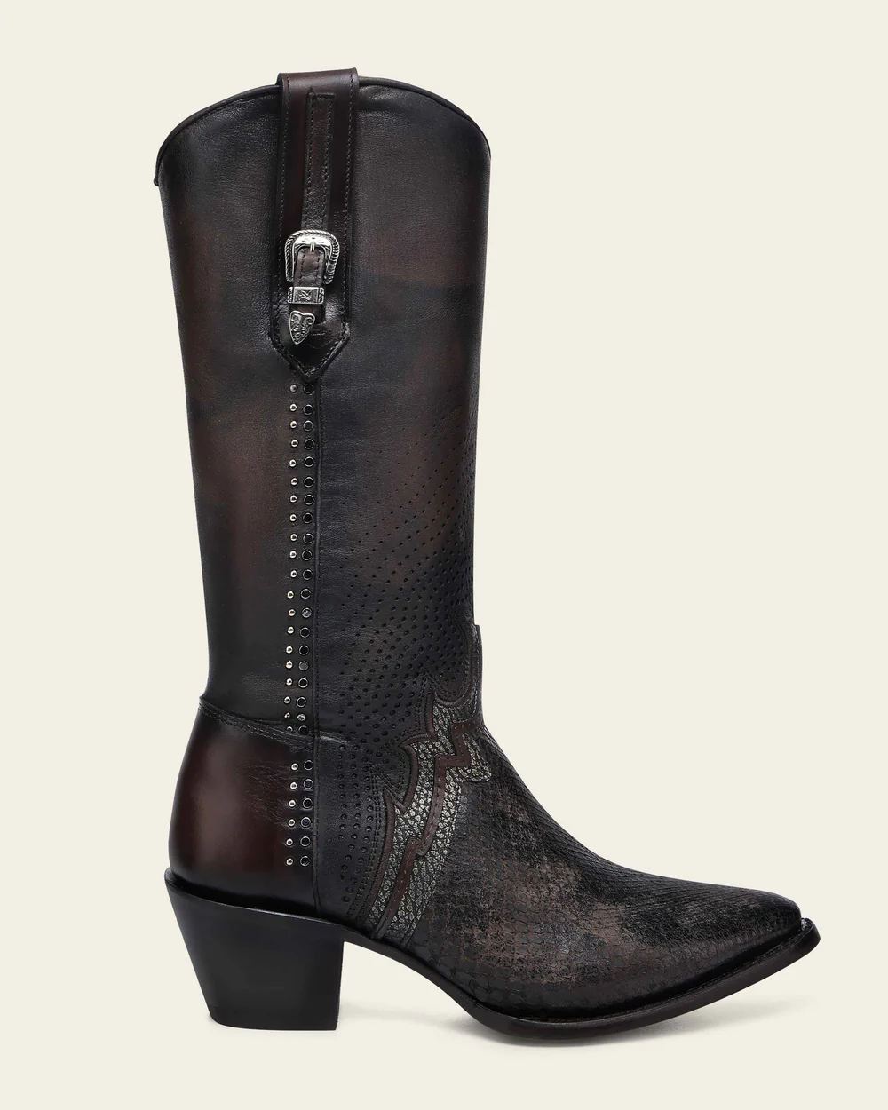 Women’s Genuine Python & Bovine Brown Leather Western Boot with Studs