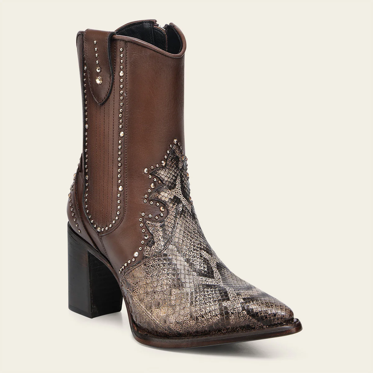 Women’s Honey Python & Calfskin Ankle Boot with Crystals and Studs