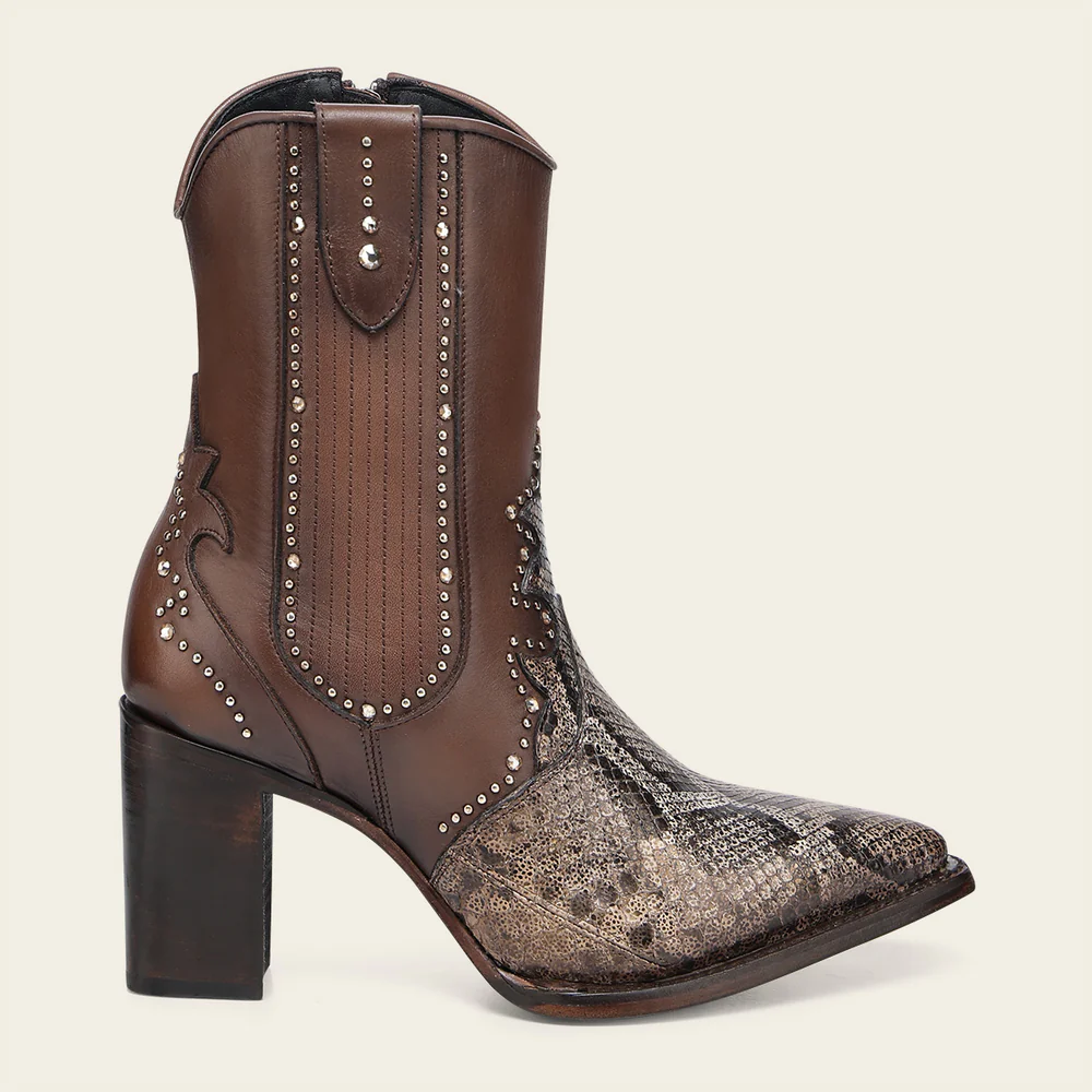 Women’s Honey Python & Calfskin Ankle Boot with Crystals and Studs