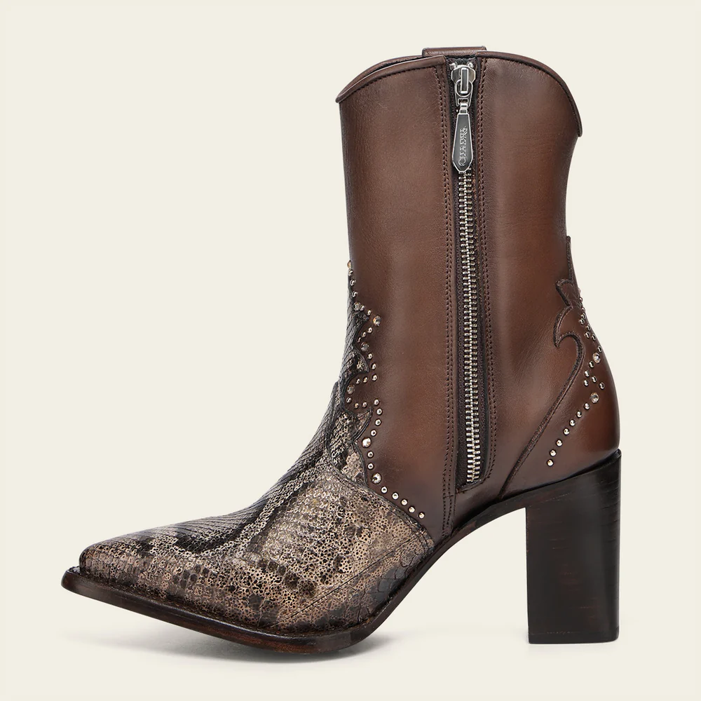 Women’s Honey Python & Calfskin Ankle Boot with Crystals and Studs