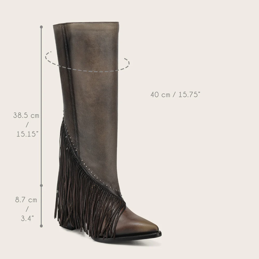 Cuadra Women’s Tall Dark Brown Leather Fringe Boot with Studs