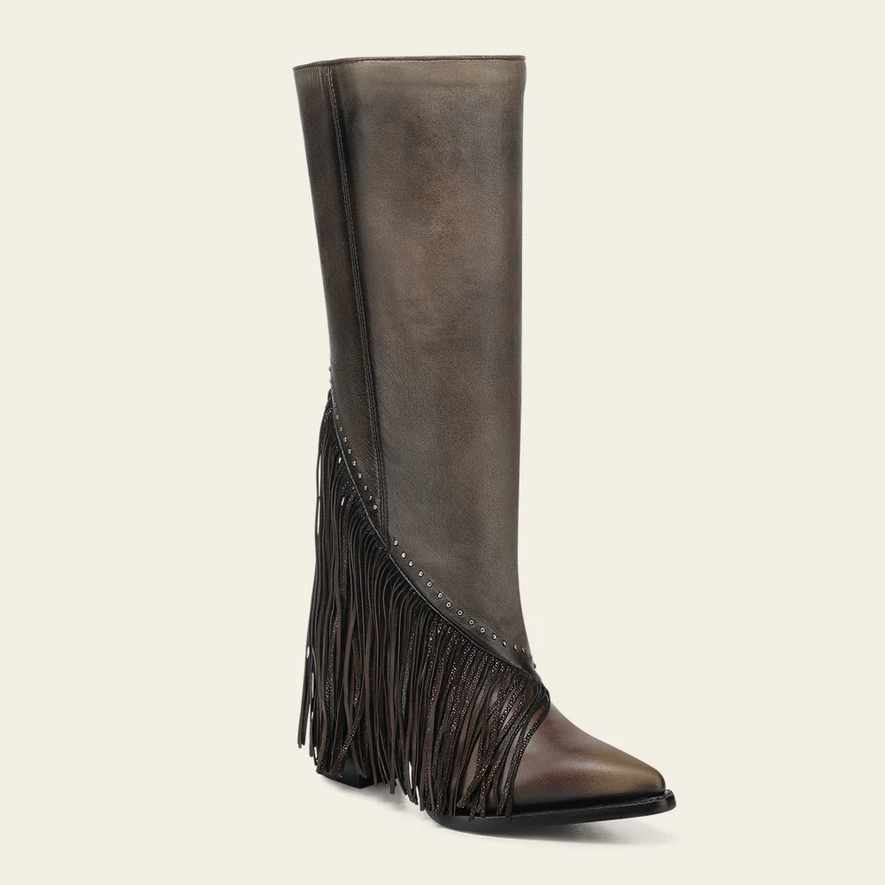 Cuadra Women’s Tall Dark Brown Leather Fringe Boot with Studs
