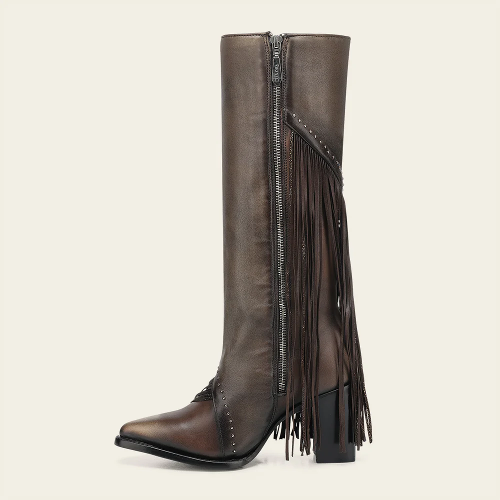 Cuadra Women’s Tall Dark Brown Leather Fringe Boot with Studs