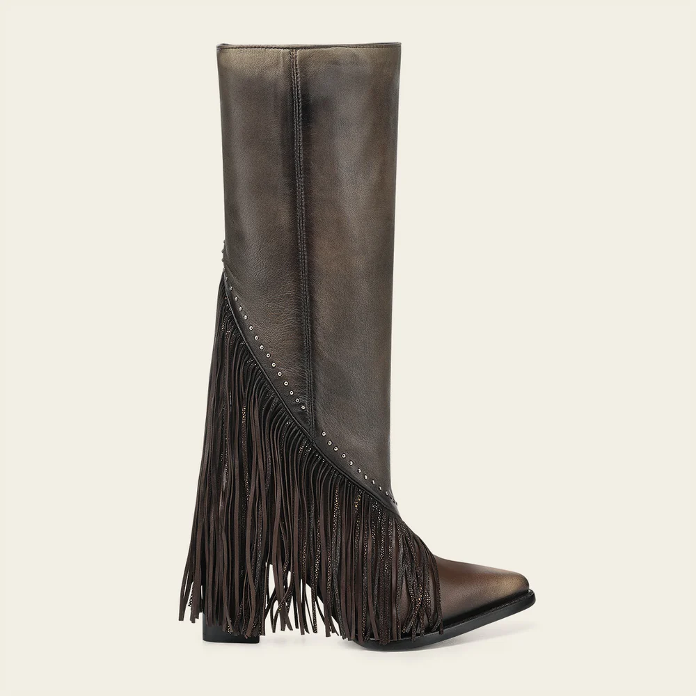 Cuadra Women’s Tall Dark Brown Leather Fringe Boot with Studs