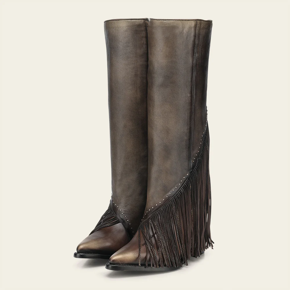 Cuadra Women’s Tall Dark Brown Leather Fringe Boot with Studs