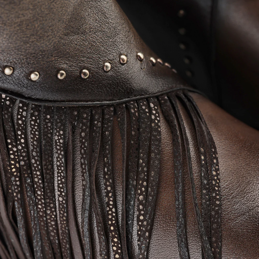 Cuadra Women’s Tall Dark Brown Leather Fringe Boot with Studs