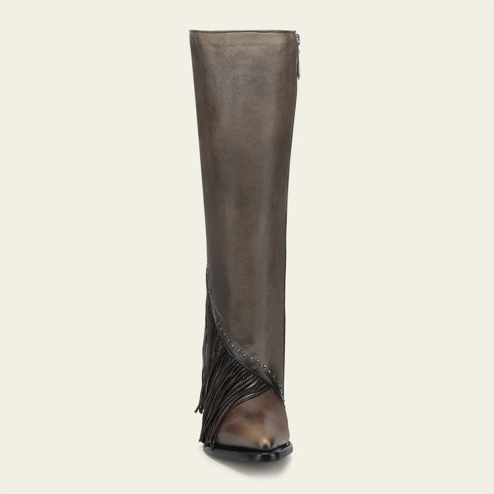 Cuadra Women’s Tall Dark Brown Leather Fringe Boot with Studs