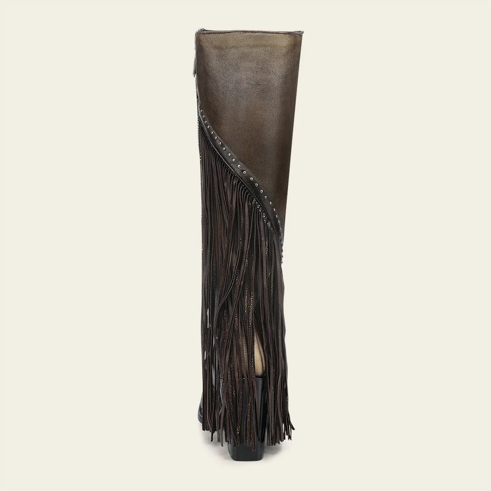 Cuadra Women’s Tall Dark Brown Leather Fringe Boot with Studs