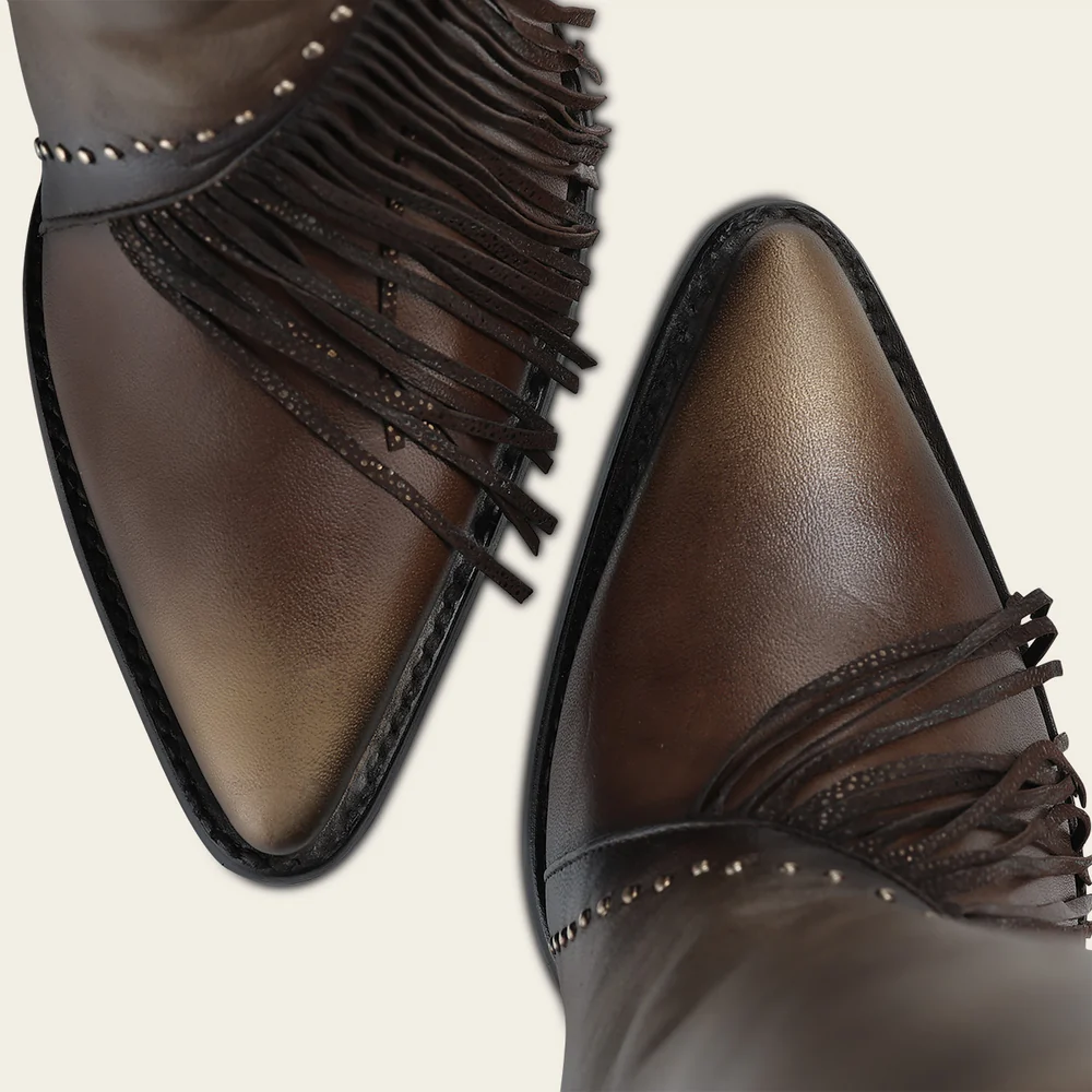 Cuadra Women’s Tall Dark Brown Leather Fringe Boot with Studs