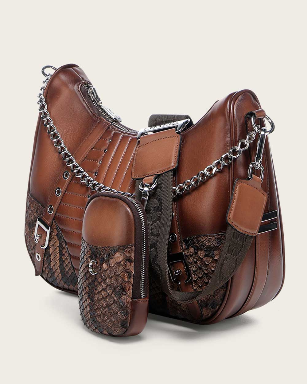 Luxury Honey Python Leather Crossbody Handbag with Chain Strap